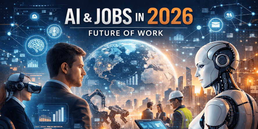 AI transforming jobs in 2026 with human and robot collaboration, digital workplace and future of work concept