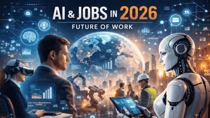 AI transforming jobs in 2026 with human and robot collaboration, digital workplace and future of work concept