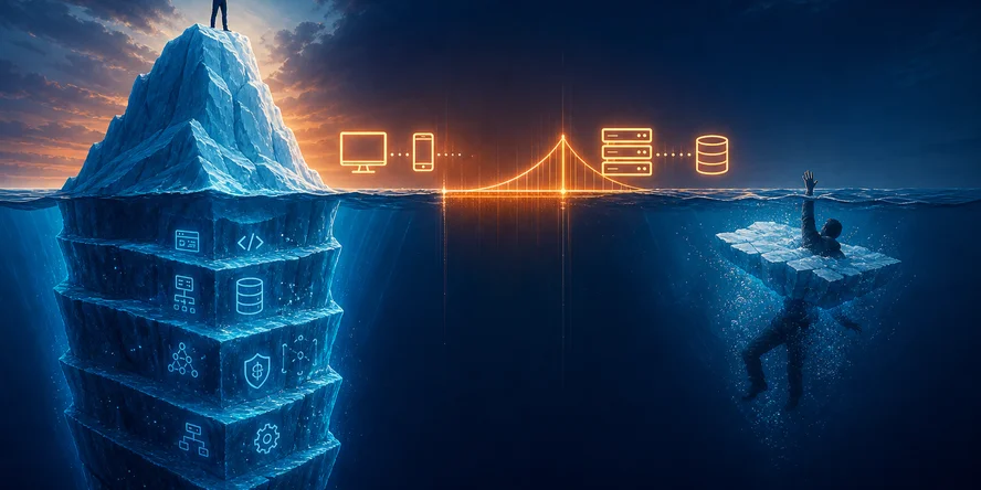 Full-stack development concept — bridge between backend and frontend, abstract illustration